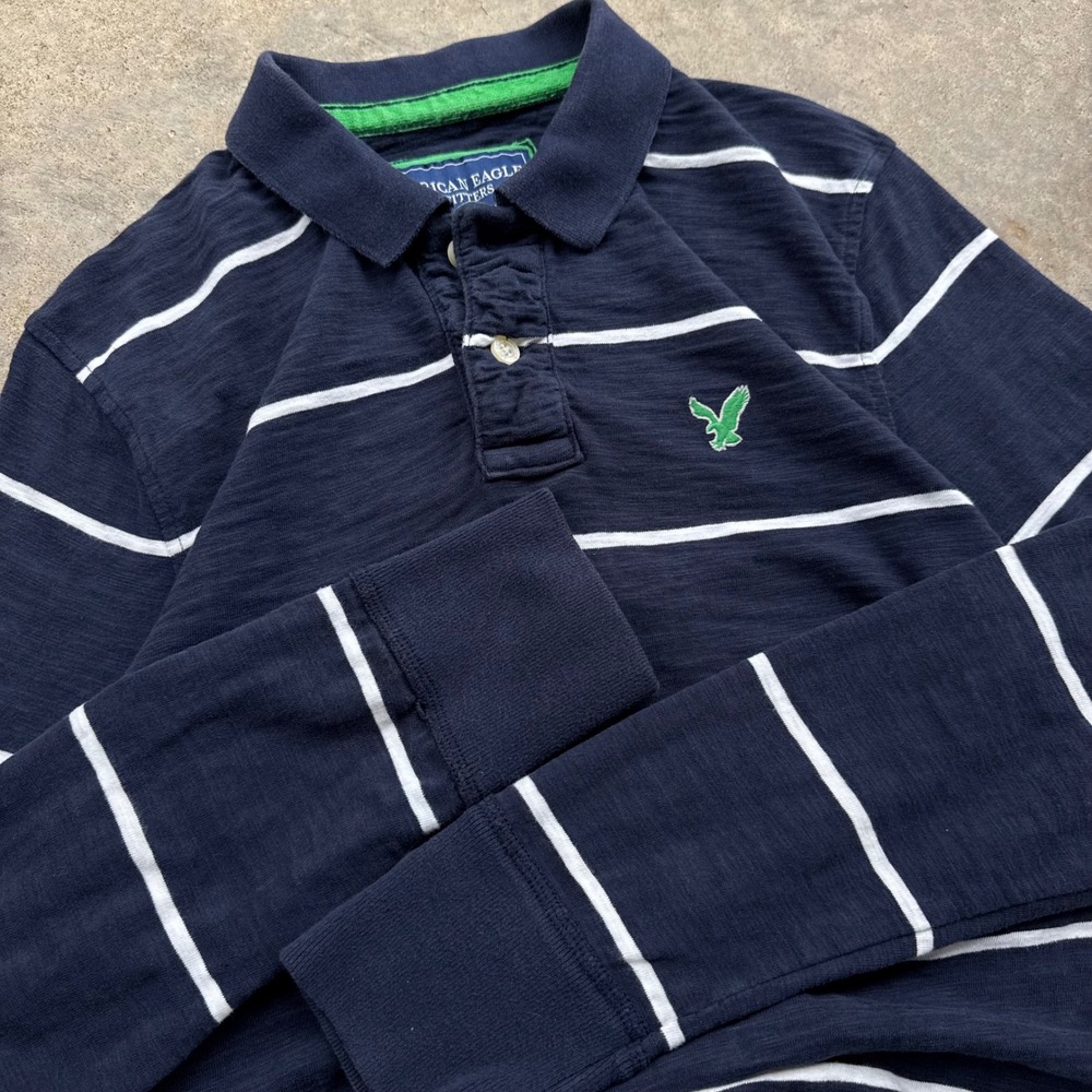 Vintage Y2K American Eagle Striped Rugby Polo Workwear Navy Blue Size M (g3b)
